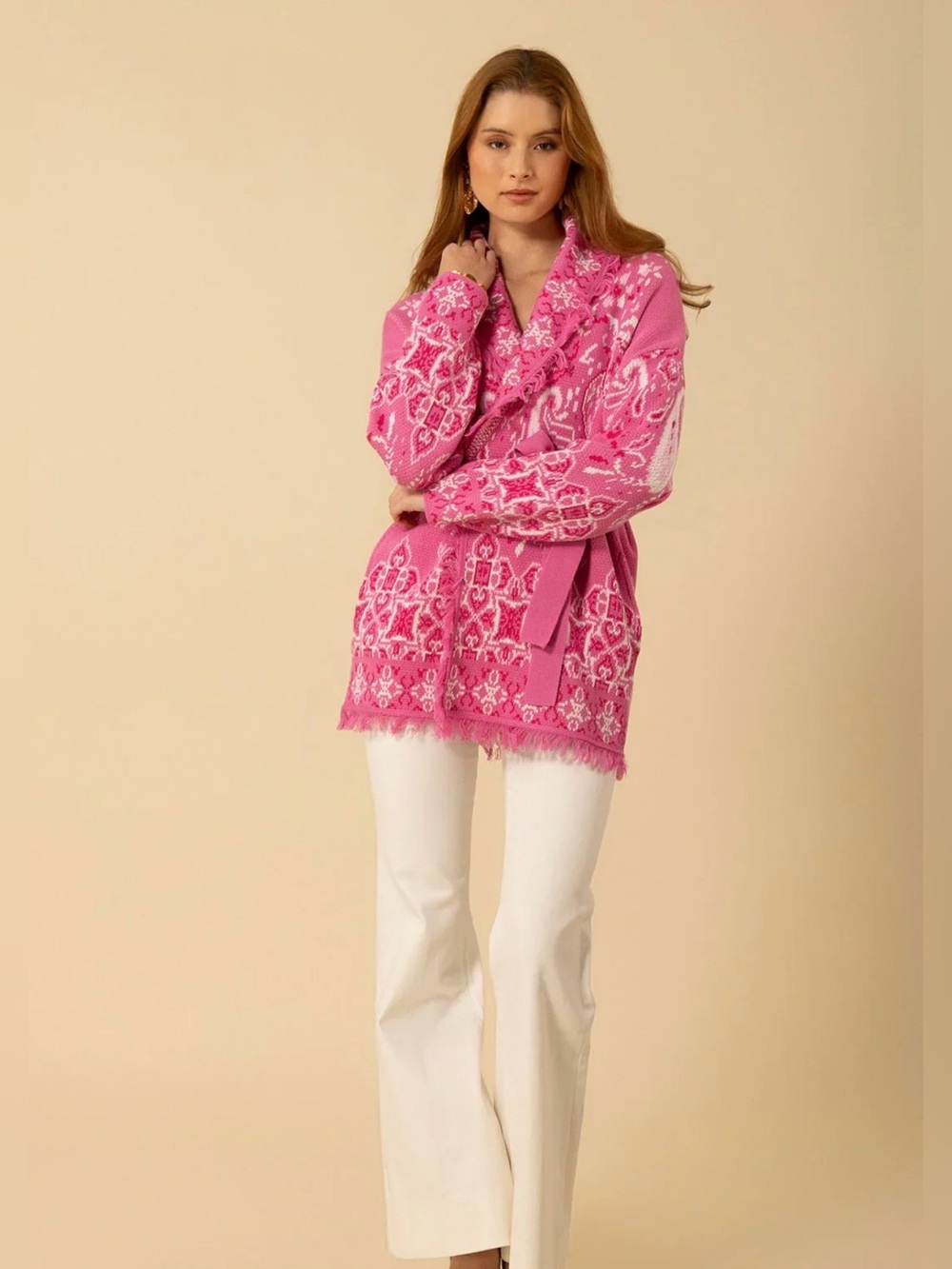 Hale Bob Pink and White Knitted Cardigan